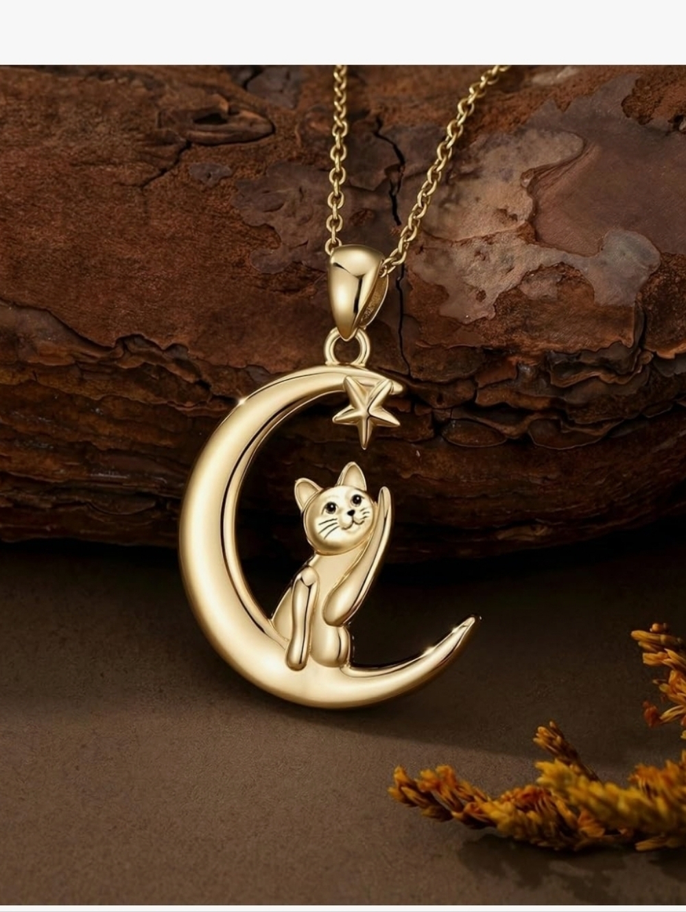 Gold Cat on Crescent Moon Pendant Necklace - Cute Animal Jewelry